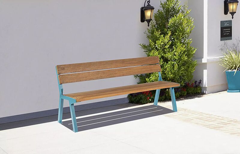 Sitzbank NOALE mit Rückenlehne, mit Hartholzbelattung, Stahlteile in RAL 5021 wasserblau