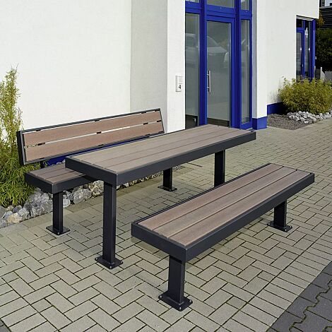 <div id="container" class="container">Sitzbänke und Tisch PRASEM, mit WPC-Holzbelattung, Stahlteile in RAL 7016 anthrazitgrau</div>