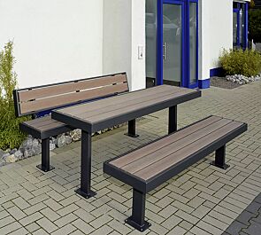 <div id="container" class="container">Sitzbänke und Tisch PRASEM, mit WPC-Holzbelattung, Stahlteile in RAL 7016 anthrazitgrau</div>