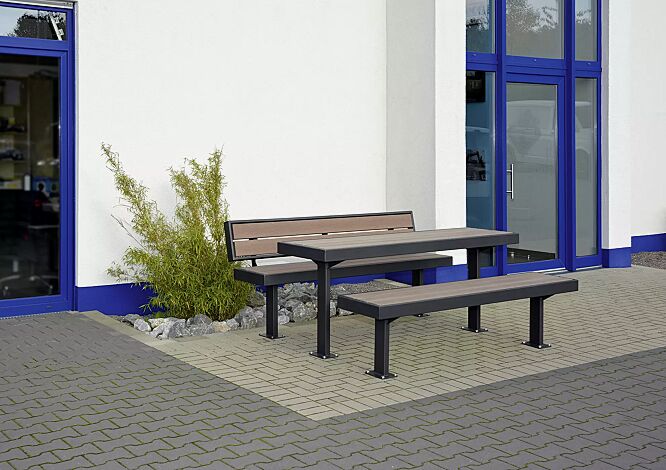 Sitzbänke und Tisch PRASEM, mit WPC-Holzbelattung, Stahlteile in RAL 7016 anthrazitgrau