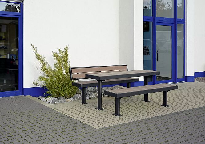 Sitzbänke und Tisch PRASEM, mit WPC-Holzbelattung, Stahlteile in RAL 7016 anthrazitgrau