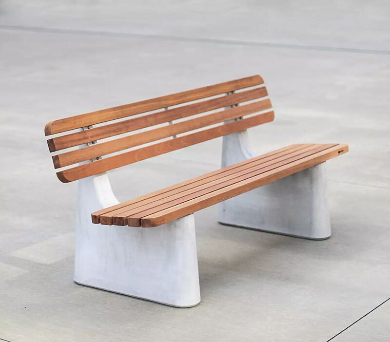 Sitzbank REFORMA mit schmaler Rückenlehne, mit Längsbelattung, mit Jatobaholzbelattung, HSC®-Beton in hellgrau