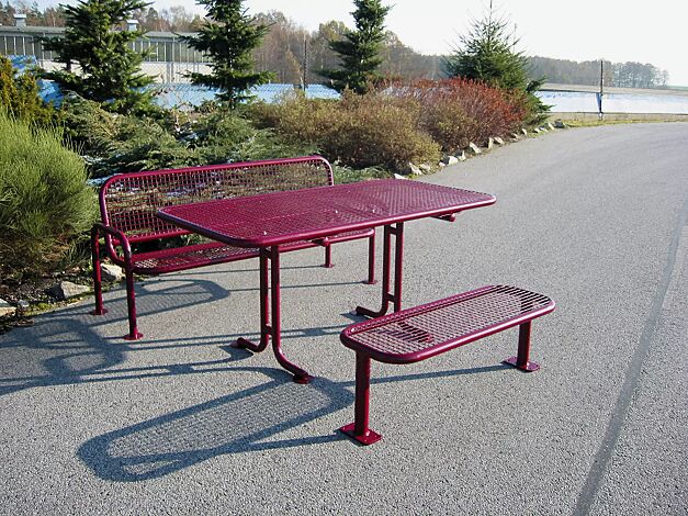 Bank-Tisch-Kombination RIMINI bestehend aus Sitzbank mit und ohne Rückenlehne und einem Tisch, in RAL 3004 purpurrot