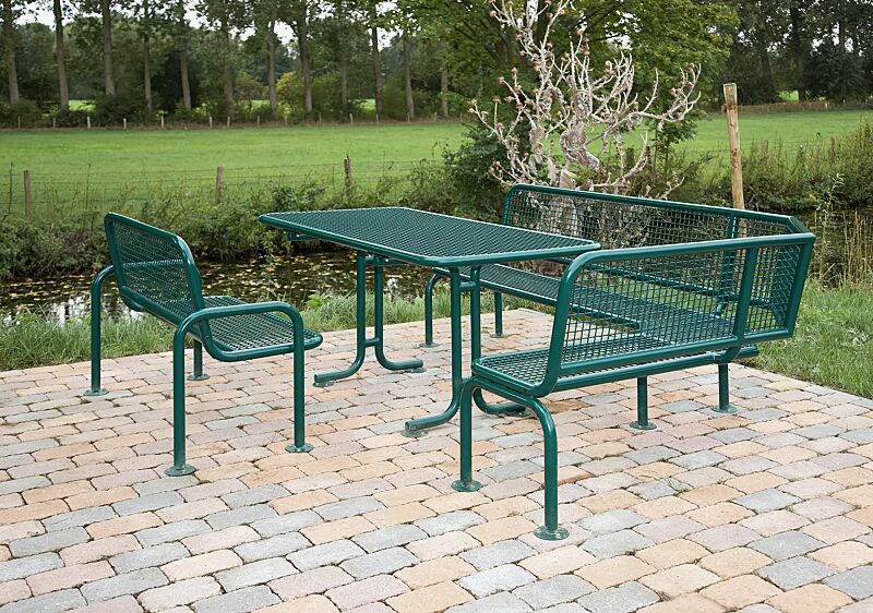 sitzbank-rimini__shoKAT0005389 Sitzbank RIMINI mit Rückenlehne, Eckbank RIMINI (Typ ML) und Tisch RIMINI, in RAL 6005 moosgrün