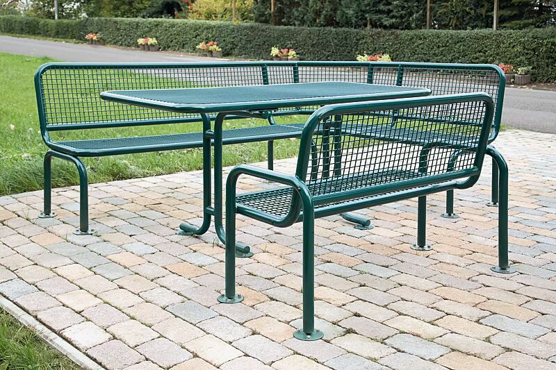 sitzbank-rimini__shoKAT0012748 Sitzbank RIMINI mit Rückenlehne, Eckbank RIMINI (Typ ML) und Tisch RIMINI, in RAL 6005 moosgrün