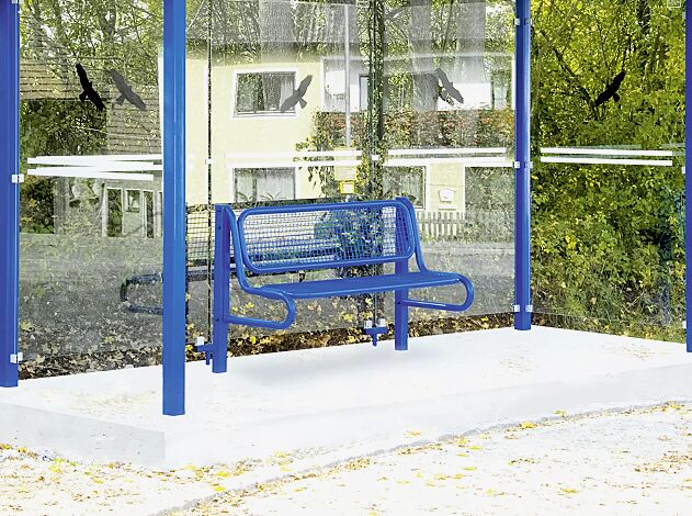 Preisbeispiel: Sitzbank mit Rückenlehne, Modell 5, Sitzfläche aus Drahtgitter, mit 2 Stützen, zum Einbetonieren, in RAL 5017 verkehrsblau