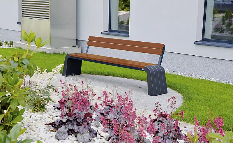 Sitzbank VEGA mit Rückenlehne, Stahlteile in RAL 7021 schwarzgrau, Beton beschichtet in Farbe graphit