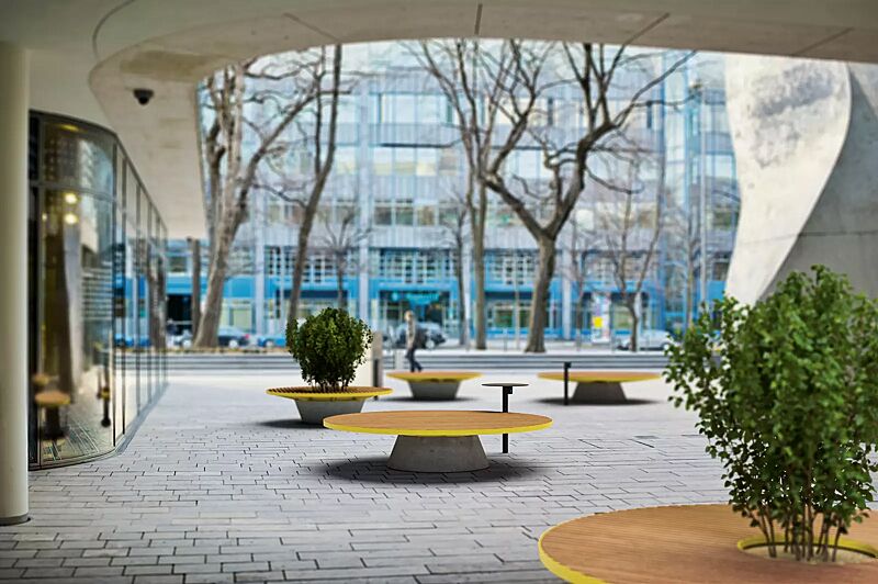 sitzelement-conics__shoKAT0070554 Sitzelemente CONICS mit Jatobaholzbelattung, HPC-Beton in hellgrau, mit bzw. ohne Pflanzeinfassung, Stahlteile in RAL 1012 zitronengelb