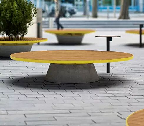 Sitzelement CONICS mit Jatobaholzbelattung, HPC-Beton in hellgrau, Stahlteile in RAL 1012 zitronengelb