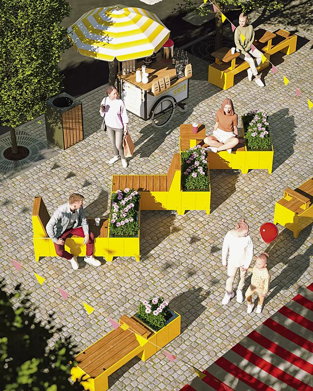 sitzinsel-tasku__shoKAT0072979 Sitzinsel TASKU, bestehend aus verschiedenen Elementen, in RAL 1021 rapsgelb