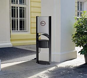 <div id="container" class="container">Standascher CALEDON aus Stahl in antik-silber, mit Werbefläche</div>