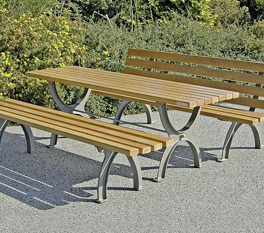 Tisch ALBAS und Sitzbänke ALBAS ohne und mit Rückenlehne, mit Eschenholzbelattung