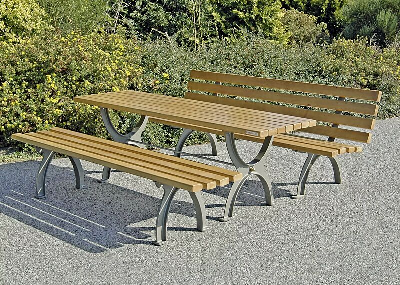 Tisch ALBAS und Sitzbänke ALBAS ohne und mit Rückenlehne, mit Eschenholzbelattung