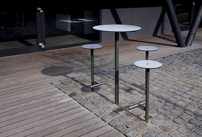 Barhocker und Stehtisch BISTROT mit HPL-Auflage in White 0085, Stahlteile in RAL 9007 graualuminium