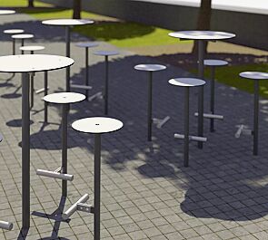 Stehtisch und 4 Barhocker BISTROT, mit HPL-Auflage in White 0085, Stahlteile in RAL 9006 weißaluminium