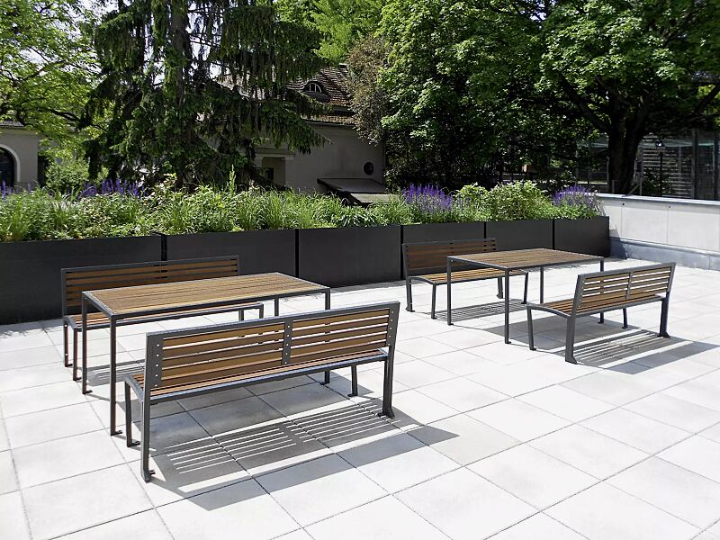 tisch-camilla__shoKAT0034641 Tisch CAMILLA und Sitzbänke CAMILLA mit Rückenlehne, mit Hartholzbelattung, Stahlteile in RAL 7016 anthrazitgrau