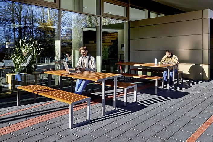 Tisch MANTUA und Sitzbank MANTUA, Aluminium in natürlichem Durmast Eichenholzoptik-Effekt, Stahlteile in DB 703 eisenglimmer