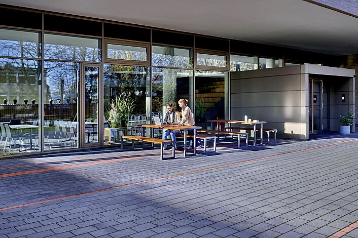 Tisch MANTUA und Sitzbank MANTUA, Aluminium in natürlichem Durmast Eichenholzoptik-Effekt, Stahlteile in DB 703 eisenglimmer