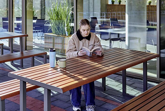 Tisch MANTUA und Sitzbank MANTUA, Aluminium in natürlichem Durmast Eichenholzoptik-Effekt, Stahlteile in DB 703 eisenglimmer