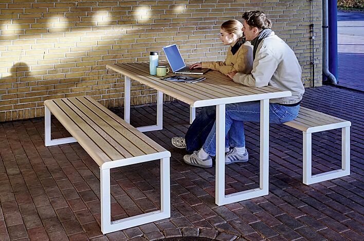 Tisch MANTUA und Sitzbank MANTUA, Aluminium in natürlichem Eschenholzoptik-Effekt, Stahlteile in RAL 9003 signalweiß