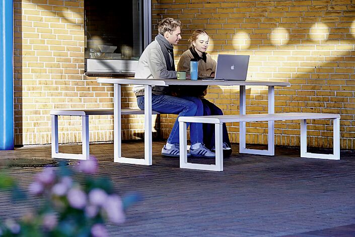 Tisch MANTUA und Sitzbank MANTUA, Aluminium in natürlichem Eschenholzoptik-Effekt, Stahlteile in RAL 9003 signalweiß