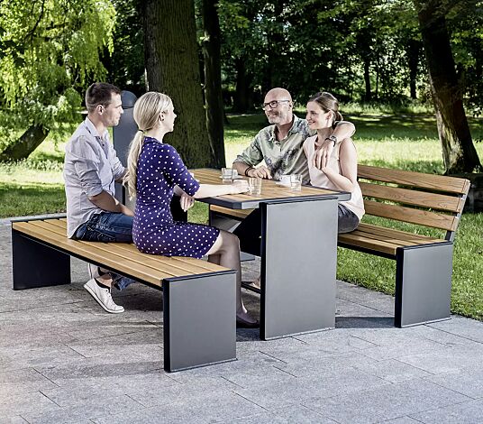 Bank-Tisch-Kombination NATURA mit Escheholzbelattung, bestehend aus einem Tisch, Sitzbank mit und ohne Rückenlehne, Stahlteile in RAL 7016 anthrazitgrau