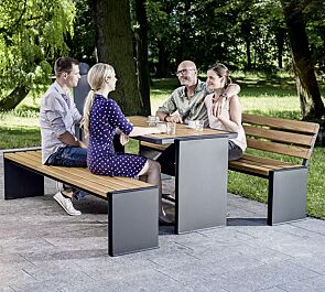 Bank-Tisch-Kombination NATURA mit Eschenholzbelattung, bestehend aus einem Tisch, Sitzbank mit und ohne Rückenlehne, Stahlteile in RAL 7016 anthrazitgrau