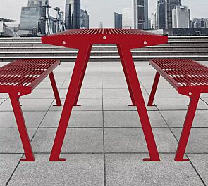 <div id=""container"" class=""container"">Tisch NOALE und Sitzbänke NOALE ohne Rückenlehne, in RAL 3000 feuerrot</div>