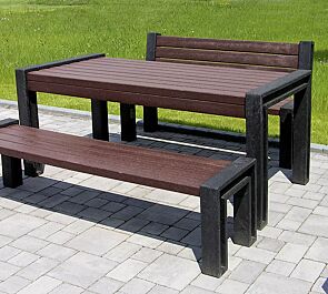 <div id="container" class="container">Bank-Tisch-Kombination ODERZO bestehend aus Sitzbank mit und ohne Rückenlehne und einem Tisch, aus Recycling-Kunststoff</div>