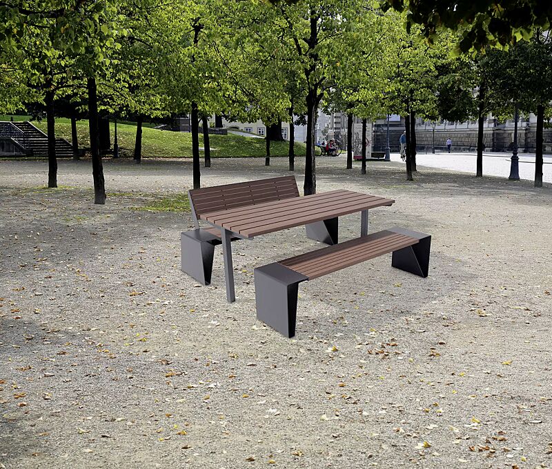 Tisch RADIUM und Sitzbank RADIUM mit und ohne Rückenlehne, mit Jatobaholzbelattung, Stahlteile in RAL 7016 anthrazitgrau