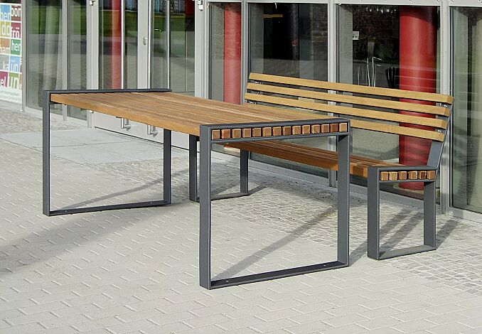 Kombinationsvorschlag: Sitzbank TAMORES mit Rückenlehne und Tisch TAMORES, Stahlteile in RAL 7016 anthrazitgrau