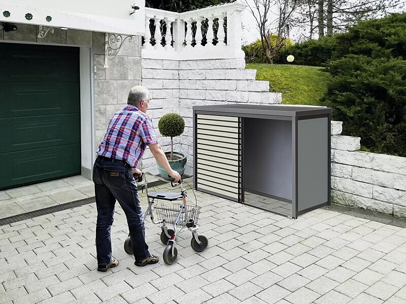 universaldepot-styleout-linis-store__shoKAT0059771 Universaldepot STYLEOUT® LINIS STORE als Rollatorgarage, Aluminiumkonstruktion in RAL 7016 anthrazitgrau, Wandelemente in RAL 7035 lichtgrau, Türlamellen in RAL 9001 cremeweiß (auftragsbezogene Anpassung)