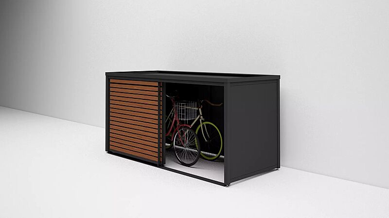 universaldepot-styleout-linis-store__shoKAT0066588 Universaldepot STYLEOUT® LINIS STORE als Fahrradgarage, Aluminiumkonstruktion sowie Wandelemente in RAL 7016 anthrazitgrau, Türlamellen in kirschbaum dunkel