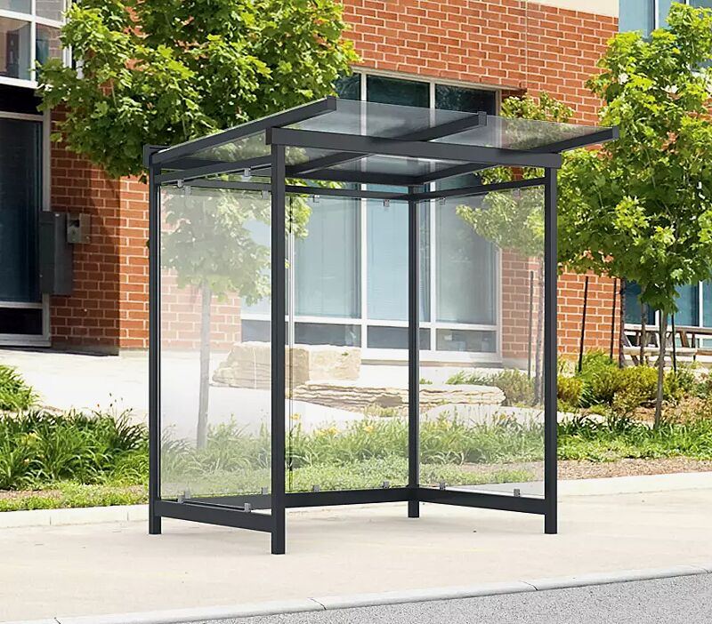 Wartehalle FORNAX, Dachbreite x Dachtiefe 2330 mm x 2065 mm, zum Aufdübeln bei -200 mm, Rück- / Seitenwände ESG, Klarglas, Stahlkonstruktion in RAL 7016 anthrazitgrau