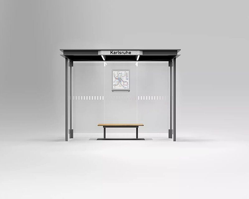 wartehalle-horec__shoKAT0058811 Wartehalle HOREC, Dachbreite x Dachtiefe 2955 mm x 1484 mm, mit Rück- und Seitenwände Verbundsicherheitsglas (VSG), mit Sichtstreifen, Sitzbank mittig, Fahrplanschaukasten und LED-Beleuchtung, Stahlkonstruktion in RAL 9007 graualuminiumWartehalle HOREC...