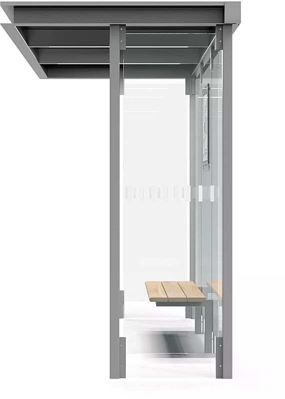 wartehalle-horec__shoKAT0058812 Wartehalle HOREC, Dachbreite x Dachtiefe 2955 mm x 1484 mm, mit Rück- und Seitenwände Verbundsicherheitsglas (VSG), mit Sichtstreifen, Sitzbank mittig, Fahrplanschaukasten, Stahlkonstruktion in RAL 9007 graualuminium