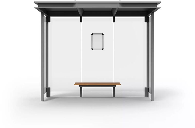 wartehalle-horec__shoKAT0058816 Wartehalle HOREC, Dachbreite x Dachtiefe 2955 mm x 1484 mm, mit Rück- und Seitenwände Verbundsicherheitsglas (VSG), mit Sichtstreifen, Sitzbank mittig, Fahrplanschaukasten, Stahlkonstruktion in RAL 9007 graualuminium