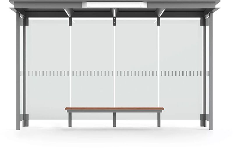 wartehalle-horec__shoKAT0060024 Wartehalle HOREC, Dachbreite x Dachtiefe 3874 mm x 1484 mm, mit Rück- und Seitenwänden Verbundsicherheitsglas (VSG), mit Siebdruckstreifen, Sitzbank mittig, Stahlkonstruktion in RAL 9007 graualuminium