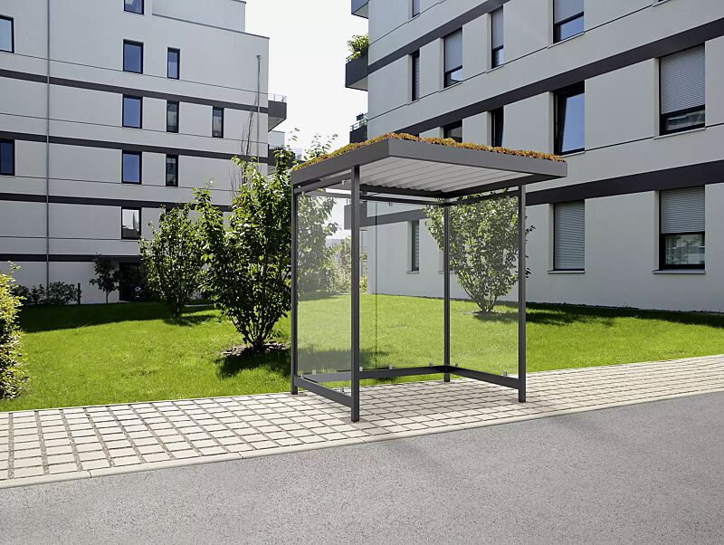 wartehalle-leonis-green__shoKAT0065409 Wartehalle LEONIS GREEN, Dachbreite x Dachtiefe 2165 mm x 2165 mm, mit Rück- und Seitenwänden, Stahlkonstruktion in RAL 7016 anthrazitgrauWartehalle LEONIS GREENDachbreite x Dachtiefe 2165 mm x 2165 mm, Stahlkonstruktion feuerverzinkt, grundiert und fa...