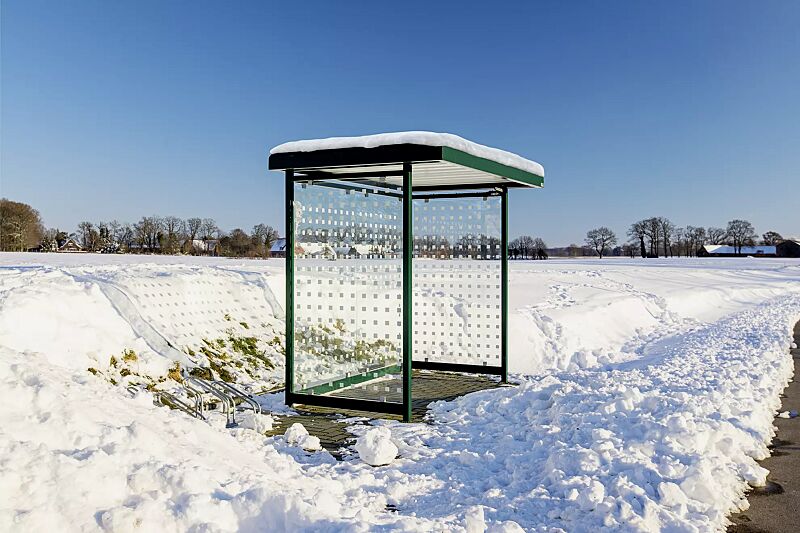 wartehalle-leonis__shoKAT0066140 Wartehalle LEONIS, auftragsbezogene Anpassung, Dachbreite x Dachtiefe 3180 x 1800 mm, zum Aufdübeln bei -200 mm, mit Rück- / Seitenwände, ESG Klarglas mit Siebdruckdekor, Stahlkonstruktion in RAL 6024 verkehrsgrün