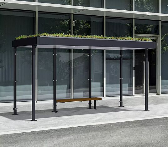 Wartehalle LUNA GREEN, Dachbreite x Dachtiefe 4660 mm x 2000 mm, Rück- und Seitenwände ESG, Klarglas, Deckenverkleidung mit LED-Beleuchtung, Sitzbank PURE, Stahlkonstruktion in RAL 7016 anthrazitgrau