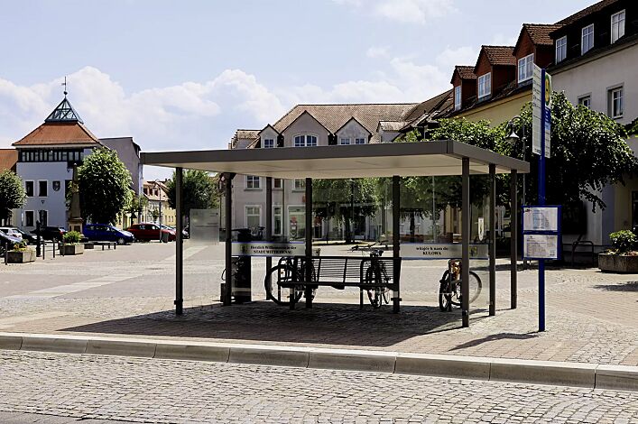 Fahrradüberdachung LUNA, Dachbreite x Dachtiefe 4660 mm x 4800 mm, Mittel- und Seitenwand ESG, Klarglas, Deckenverkleidung mit integrierter LED-Beleuchtung, Sitzbank CARPI, Stahlkonstruktion in DB 702 eisenglimmer