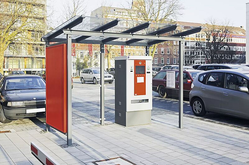 wartehalle-pegasus__shoKAT0015651 Überdachung PEGASUS für Fahrscheinautomat, Dachbreite x Dachtiefe 3300 mm x 2000 mm, mit City-Light Werbevitrine, Stahlkonstruktion in RAL 7012 basaltgrau