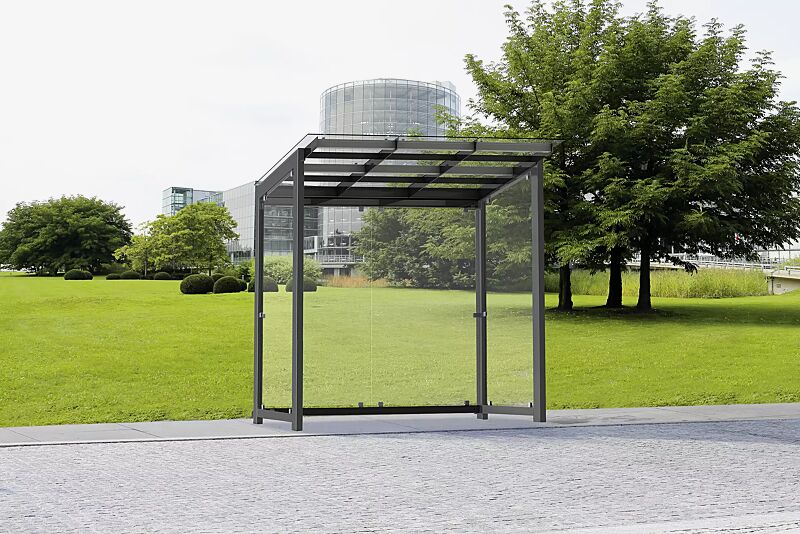 wartehalle-pictor__shoKAT0050112 Wartehalle PICTOR Dachbreite x Dachtiefe 2400 mm x 1800 mm, Stahlkonstruktion feuerverzinkt und pulverbeschichtet inkl. Rück- / Seitenwände ESG, Klarglas, Dacheindeckung VSG, Klarglas