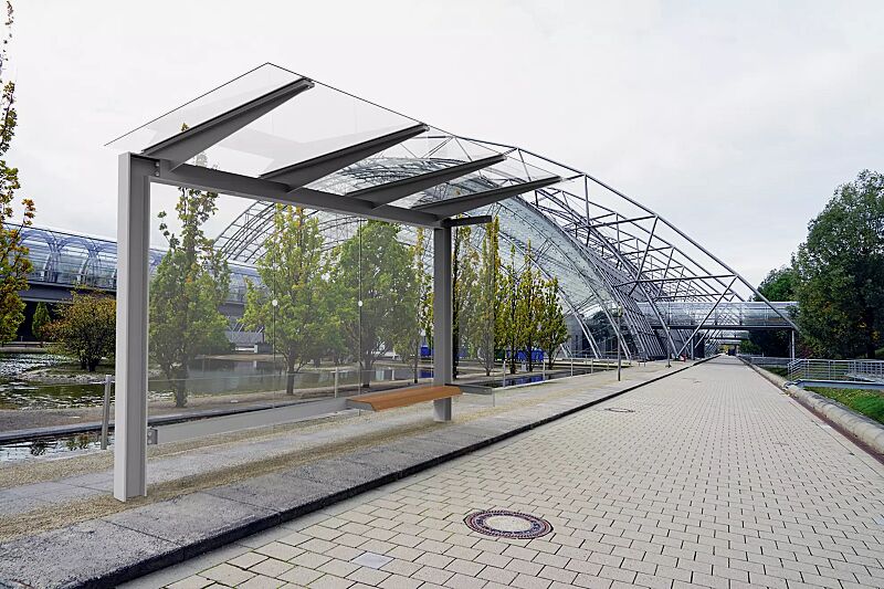 Wartehalle STINGRAY, Dachbreite x Dachtiefe 3375 mm x 1498 mm, Rück- / Seitenwand ESG, Klarglas, inklusive Sitzbank, Stahlkonstruktion in RAL 9006 weißaluminium