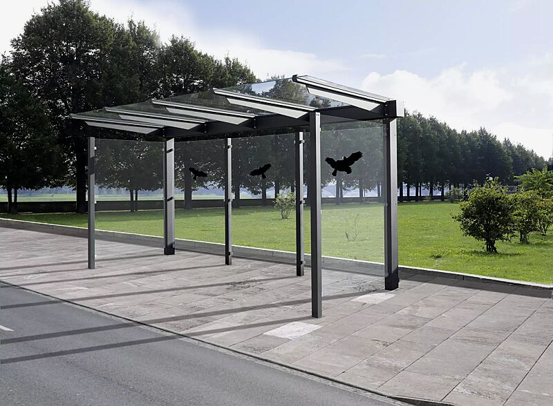 wartehalle-virgo__shoKAT0052893 Wartehalle VIRGO einseitig, Dachbreite x Dachtiefe 4720 mm x 1800 mm, mit Rück- / Seitenwänden ESG, Klarglas, Stahlkonstruktion in RAL 7016 anthrazitgrau