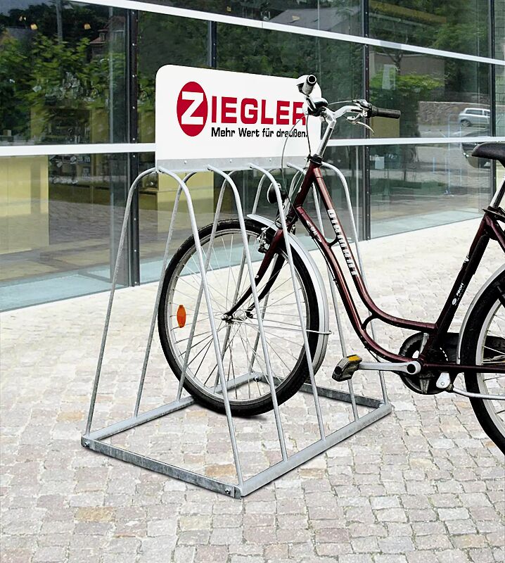 Werbefahrradständer WARWICK mit Werbeschild, 4 Stellplätze, feuerverzinkt