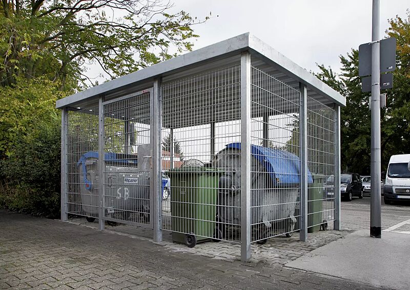 wertstoffueberdachung-flexi-box__shoKAT0035345 Wertstoffüberdachung FLEXI-BOX Dachbreite x Dachtiefe 4800 mm x 3300 mm, Stahlkonstruktion feuerverzinkt inkl. Rück-, Seiten- und Frontwand mit Drehflügeltür, einflügelig, Doppelstabgittermatten, Entwässerung, Dacheindeckung Trapezblech