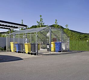Wertstoffüberdachung SPUTNIK für 6 Stück 4-Rad-Abfallgroßbehälter, Dachbreite x Dachtiefe 4750 mm x 4500 mm, Stahlkonstruktion feuerverzinkt