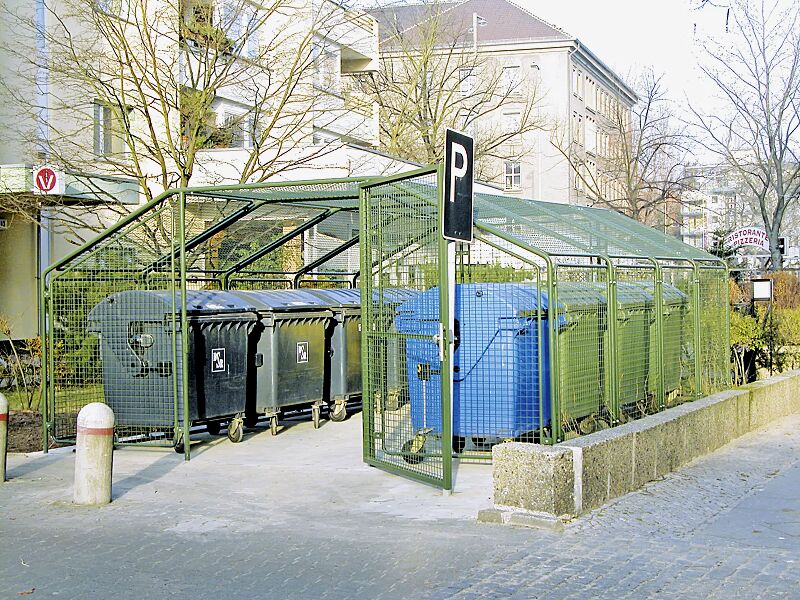 wertstoffueberdachung-sputnik__shoKAT0001136 Wertstoffüberdachung SPUTNIK für 8 Stück 4-Rad-Abfallgroßbehälter, Dachbreite x Dachtiefe 4750 mm x 6000 mm, Stahlkonstruktion in RAL 6003 olivgrün